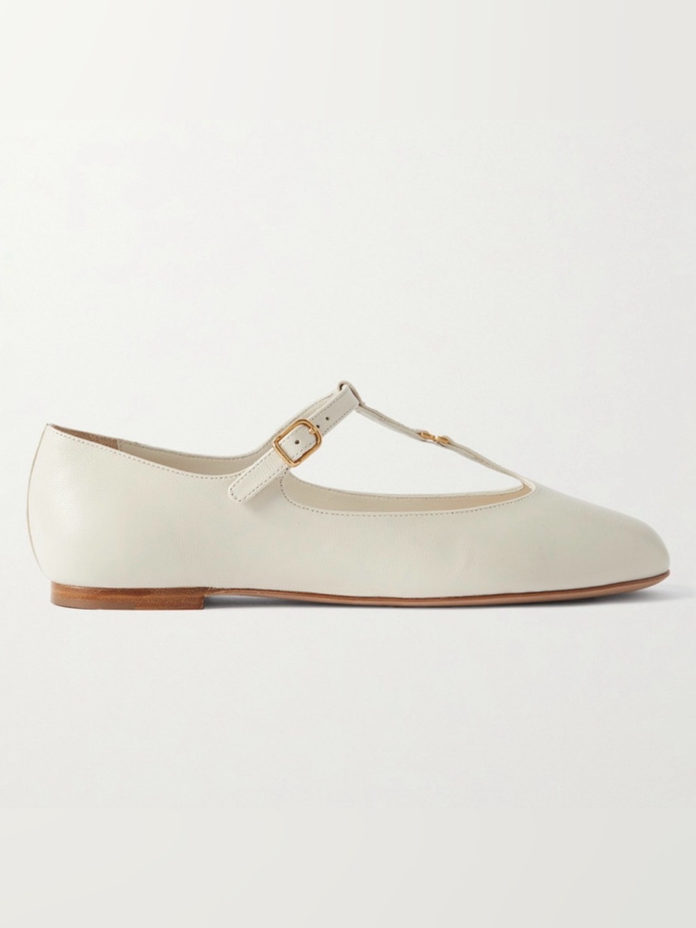 NWT CHLOE Cream Leather T‑Strap Marcie Ballet Flat with Gold Buckle size 38